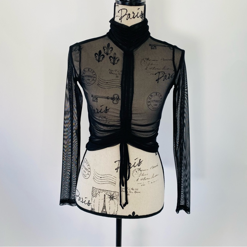 NWT Forever 21 Sheer Top Long Sleeve High Neck, Adjustable Crop Black Small